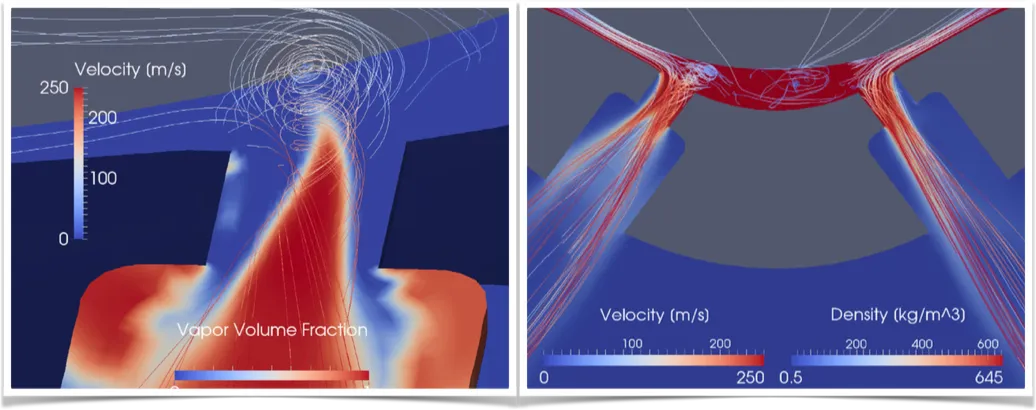 Fuel injectors: String flash boiling causing swirling flow in the sac (left image) and spray angle expansion (right image).