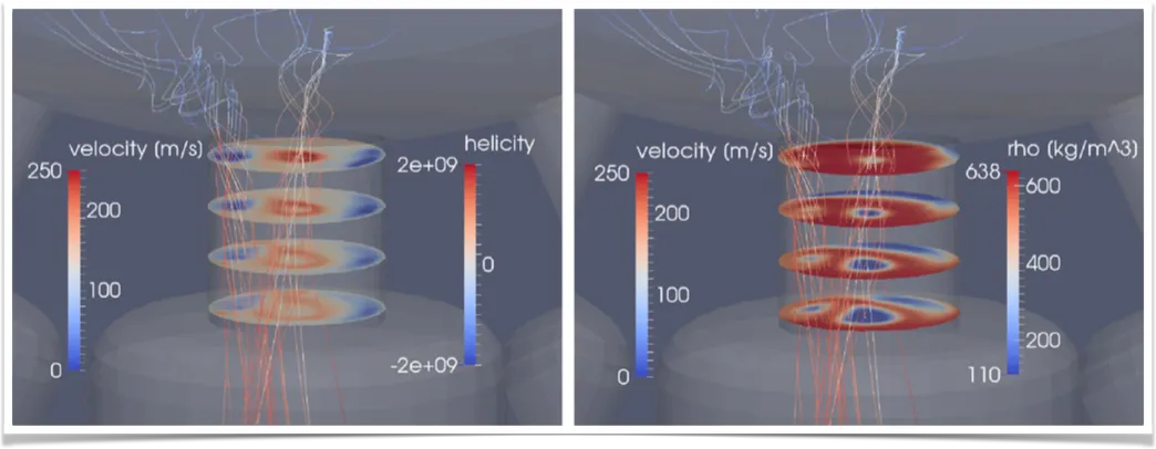 Image taken midway through non-flashing simulation shows, two counter-rotating vortices being directed into a nozzle passage