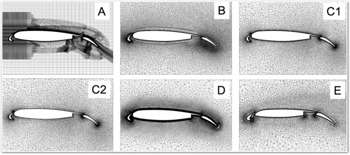 Cut section showing volume grid at a spanwise station on JAXA high-lift configuration as generated for the AIAA HiLIFTPW-3 Workshop. Referring to the same gridding guidelines, different organizations have generated different grids. A - NASA Ames Chimera grid tools, B - DLR SOLAR, C1 - VGRID, C2 - VGRID, D - JAXA tools, E - ANSA.