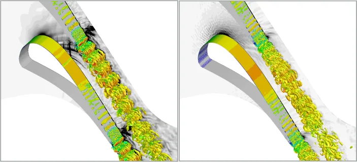 Comparison of Q-criterion and schlieren: 1. hpMusic 3rd order simulation has 9.6M degrees of freedom, 2. Second-order simulation on a commercial solver has 28.7M degrees of freedom. HO simulation costs 1/3 the CPU time of the 2nd order simulation.