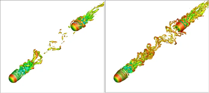 Higher order CFD: Tandem spheres, Q-criterion,    a. P2,   b. P3