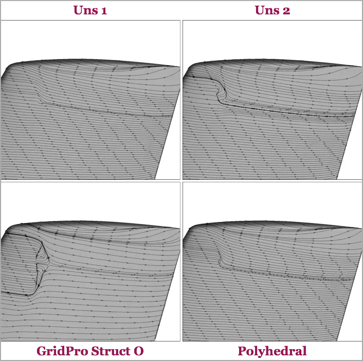 Surface streamlines near the tip region. A structured CFD mesh very clearly captures the subtle flow physics while on other grids it is unclear