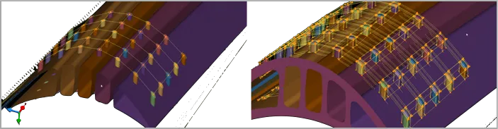 Automatic recognization of a rectangular pattern. b. Hole topology construction with connectivity for a turbine blade with cooling holes and passages