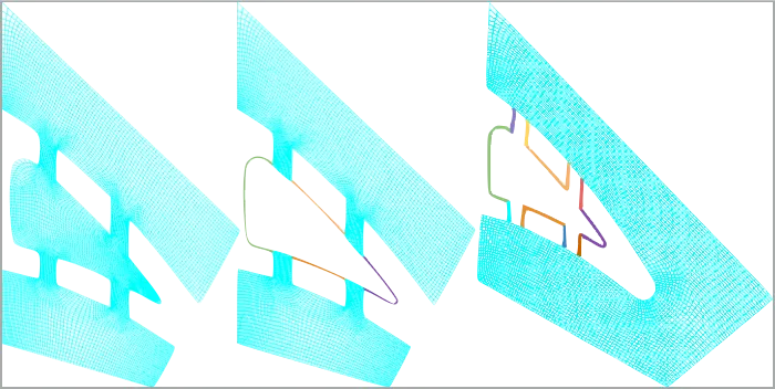 Turbine blade meshing zones, a. Mesh inside the plenum, channel, and outside of holes, b. Mesh inside the channel and on the blade, c. Mesh only on the blade with marked holes.