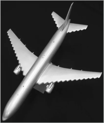 Model of a commercial transport aircraft with tubercular wing design and horizontal tails
