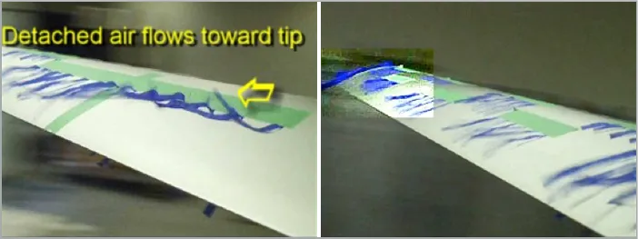 Tubercular wind turbine blade with tapes and streamers attached to the upper surface of the wing in a wind tunnel experimental setup