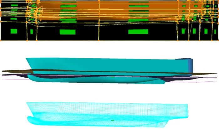 Topology, surfaces, and surface mesh for a ship hull design variant