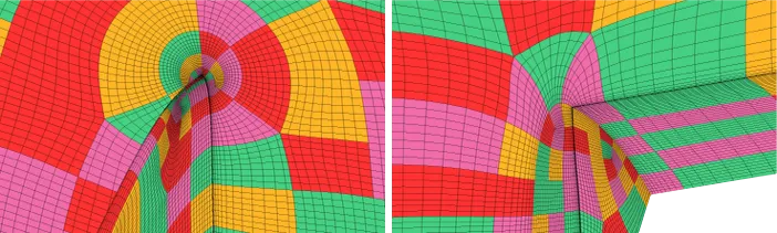 Wrapping the blocks: a. Block wrapping around blade tip. b. Wrap around hub front