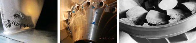 Cavitation damages in hydraulic turbines.