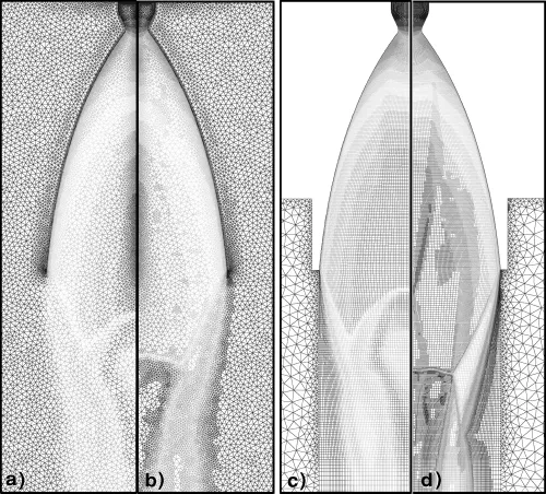 Mach contours on adapted grids for rocket engine nozzles. a. Unstructured grid. b. Structured dominant grid