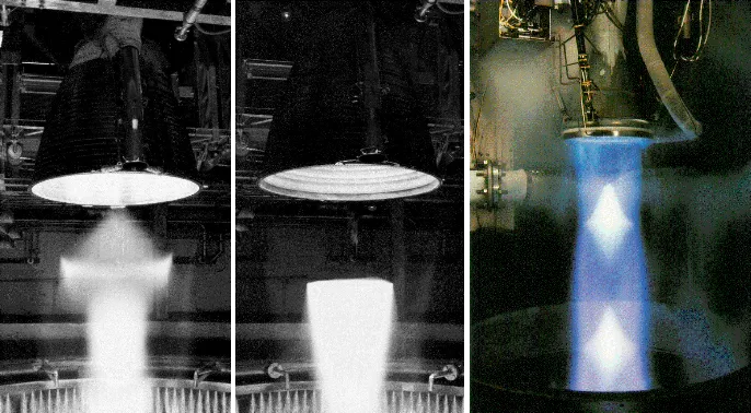 Overexpanded plumes - Vulcain, with cap-shock pattern, Vulcain, with classical Mach disk, RL10-A5, with regular shock reflection