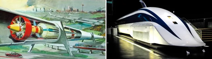 a. Turbine powered tube train, b. MagLev Train from Japan.