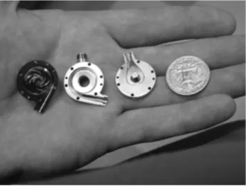 Blood pumps: Centrifugal pediatric VAD prototype including the 12.5 mm impeller, outlet, and inlet volutes.