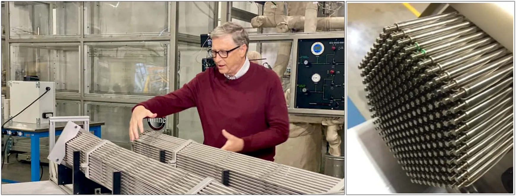 a. Bill Gates explaining the wire-wrapped fuel pins at TerraPower. b. A closer look at the wire-spacer pin bundle.