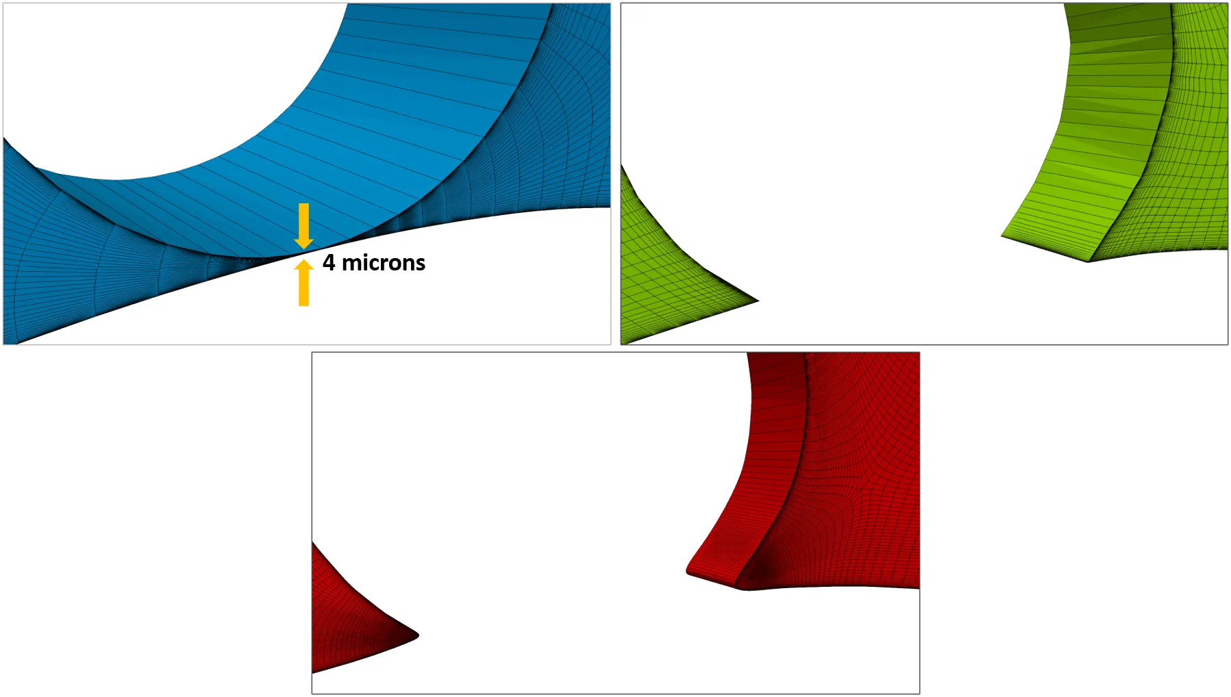 Fuel rod meshing: Zoomed view of the mesh in the contact zone. a. Contact with a small gap. b. Sharp intersecting contact c. Blending contact.