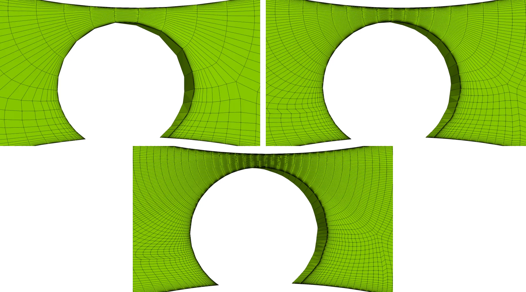 Sequential grid-convergence-grids. Mesh resolution around a wire. a. Coarse. b. Medium. c. Fine.