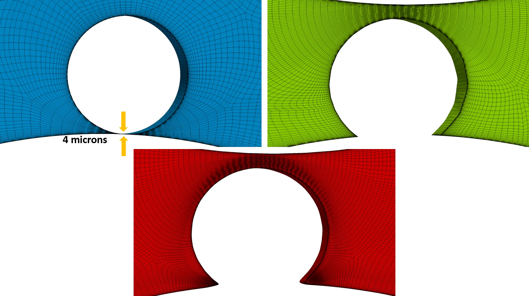 Fuel rod meshing: Meshing for different geometric variants of the wire-rod junction. a. Near point contact with a 4-micron gap. b. Wire intersecting rod with acute angle formation. c. Blending of wire-rod intersection by a fillet. 