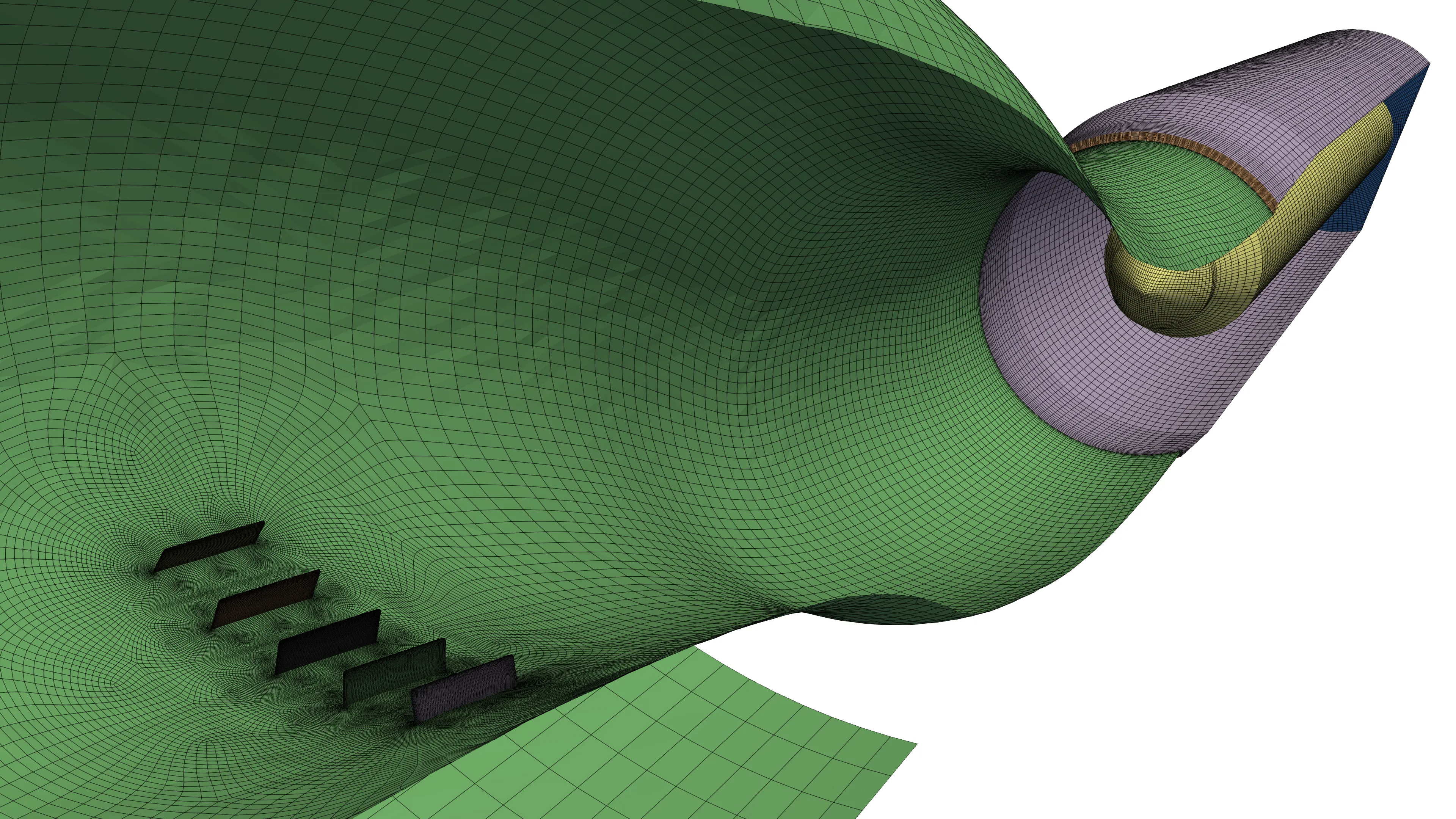 Structured multi-block grid for an S-duct with vortex generators using GridPro