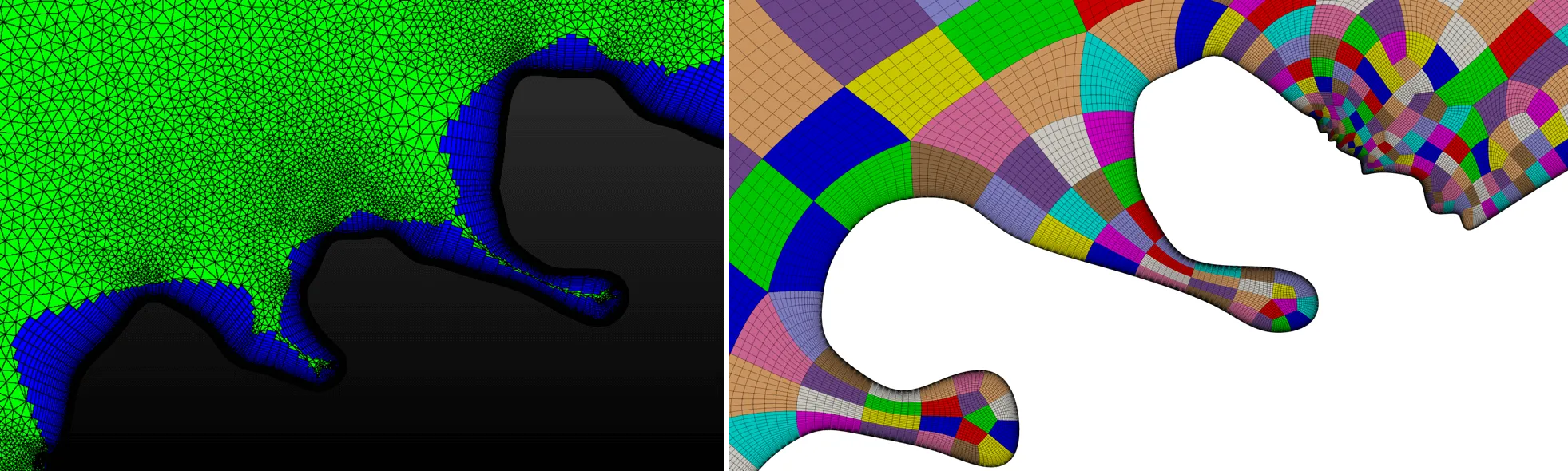 Aircraft icing meshes: Viscous boundary layer padding in narrow crevices. a. Hybrid unstructured mesh. b. Hexahedral mesh. 