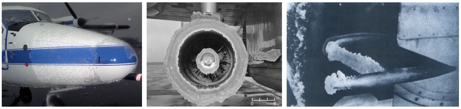 Ice accumulation on different aircraft parts such as nose cone, engine, pitot probe.