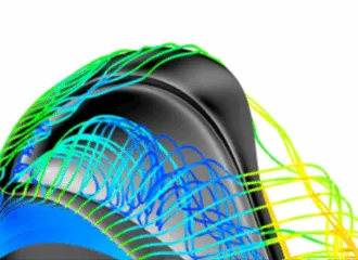 Three-dimensional streamlines visualizing the flow around a turbine blade with winglet tips, showing how the winglet alters tip leakage, redirects vortical structures, and shapes the overall aerodynamic flow pattern.