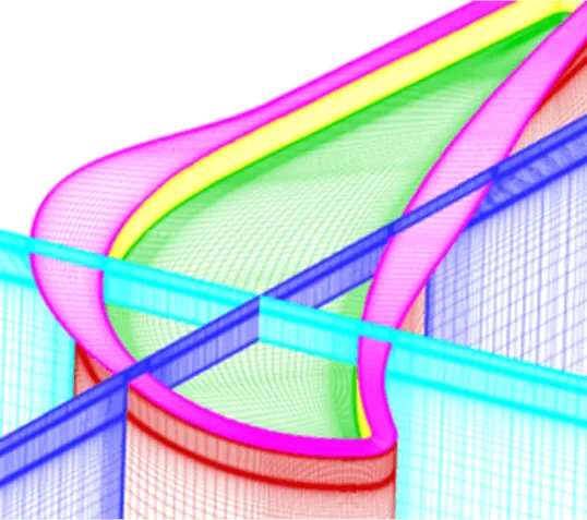 Structured multiblock mesh for a turbine blade with winglets, showing smooth grid transitions and refined resolution around the winglet geometry to accurately capture tip leakage flow and vortex structures.