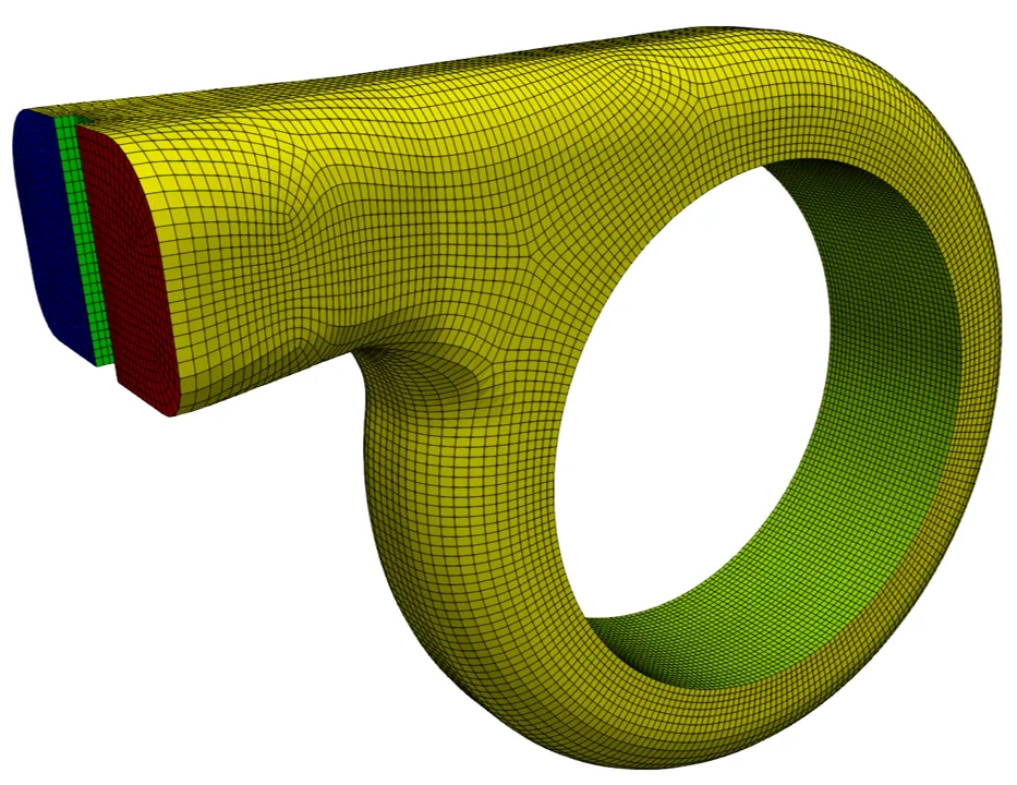Turbocharger volute with a rectangular cross-section. The image displays the volute’s spiral casing featuring a rectangular cross-sectional shape.
