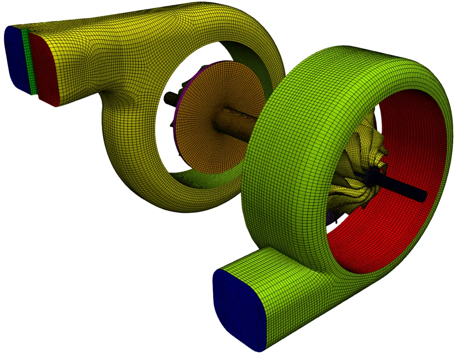 Volute and impellers of a turbocharger's compressor and turbine. The image shows the volute's spiral casing along with the impellers for both components.