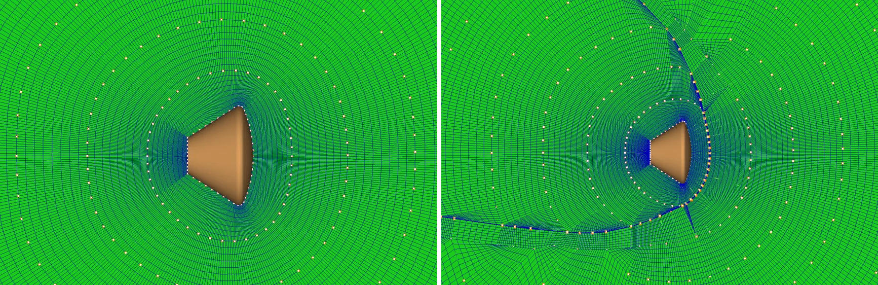 Two-stage visualization of the shock alignment process:
(a) The baseline grid showing the original block arrangement before adaptation.
(b) Nearby blocks realigned to follow the shock contour, improving shock resolution and mesh conformity to high-gradient flow regions.
