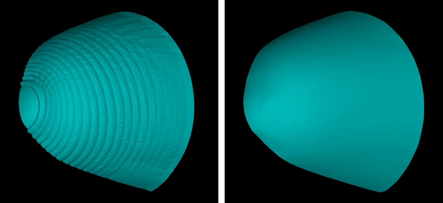 Two-part visualization of Mach contour extraction and processing:
(a) Mach contour sheet generated from the baseline grid CFD solution, showing the raw shock surface and flow gradients.
(b) Smoothed Mach contour sheet produced in GridPro, highlighting a cleaner, more continuous shock surface suitable for shock-fitted mesh adaptation.