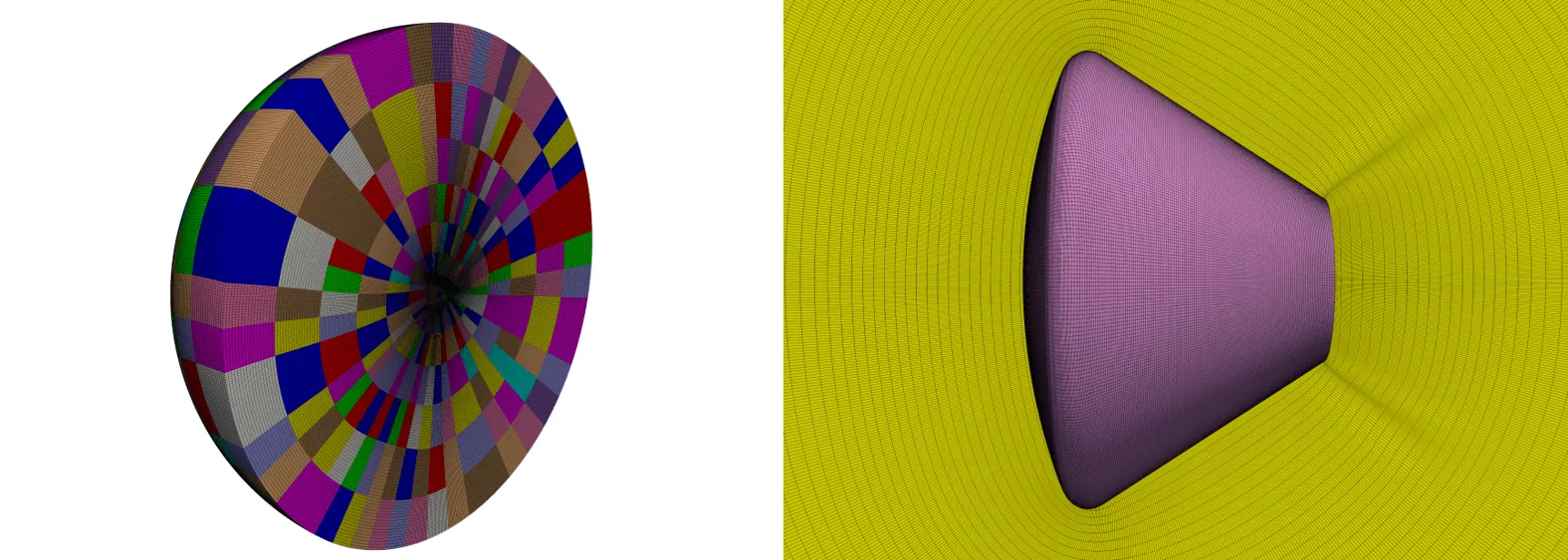 Two-part illustration of the Orion capsule simulation setup:
(a) Hemispherical flow domain showing the outer computational boundary used for the hypersonic analysis.
(b) Structured multiblock mesh wrapped around the Orion capsule, highlighting block connectivity and mesh refinement near the capsule surface.