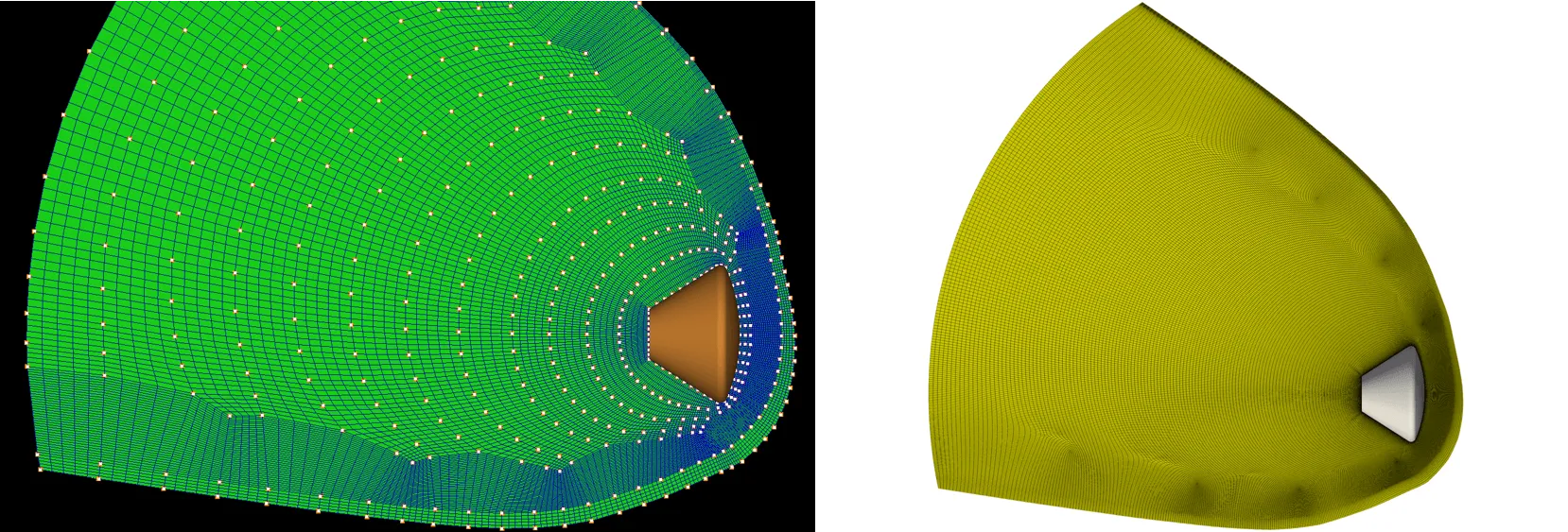 Two-step visualization of the shock-fitted meshing process:
(a) Smoothed shock-fitted blocks showing improved block alignment along the shock surface.
(b) Final block-adapted shock-fitted structured grid with boundary layer clustering, highlighting refined near-wall resolution and precise shock-conforming topology.