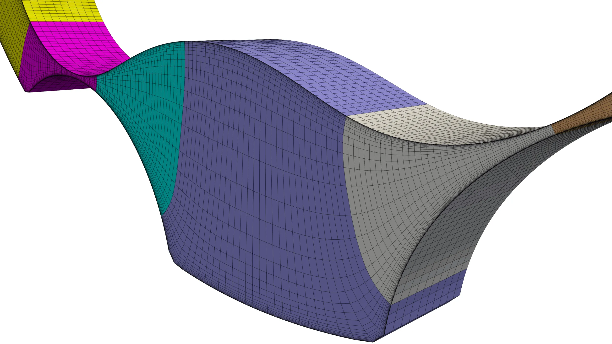 High-resolution structured multiblock mesh in the contracting and expanding fluid regions of a gerotor pump.