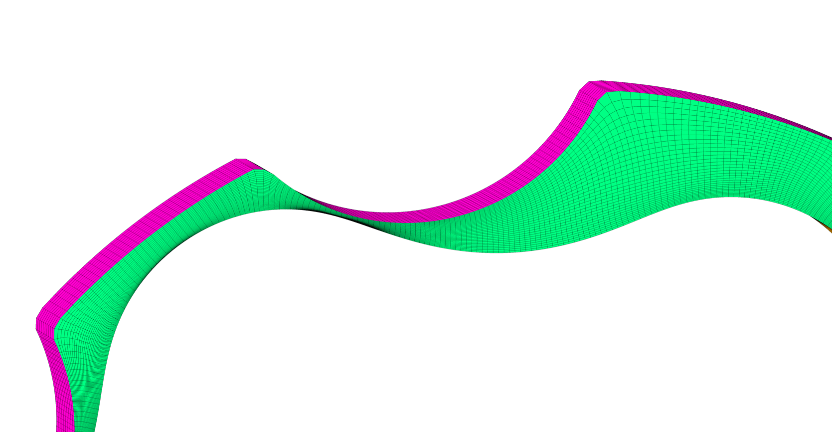 Zoomed-in view of gerotor pump mesh illustrating grid compression and expansion in the fluid passage.
