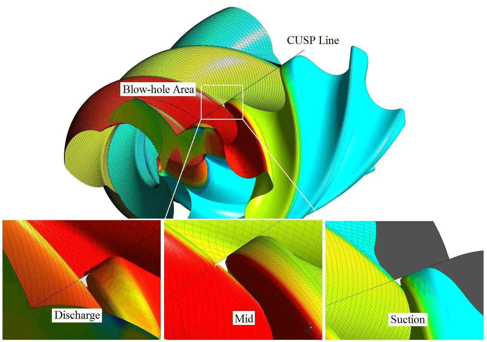 Comparison of blow-hole areas in a screw compressor highlighting regions where leakage losses occur.