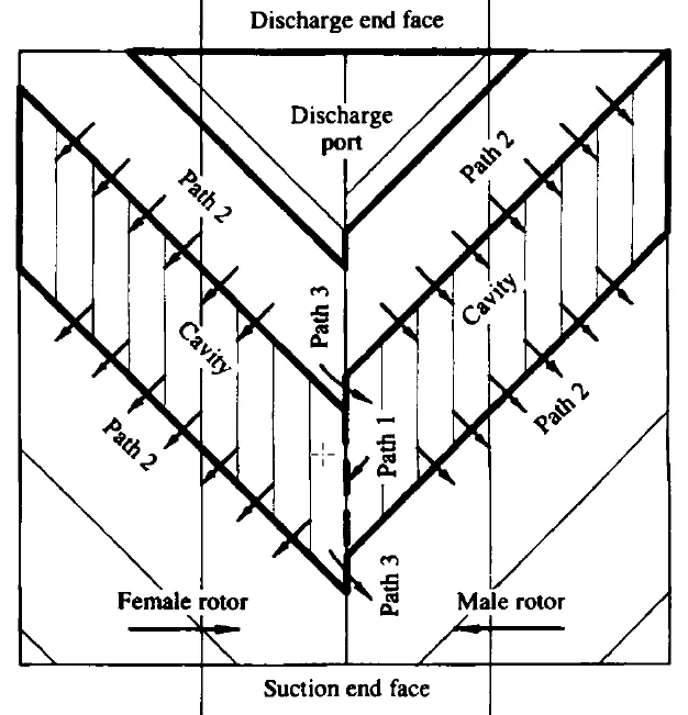 Diagram showing the different leakage paths that occur within a screw compressor during operation.