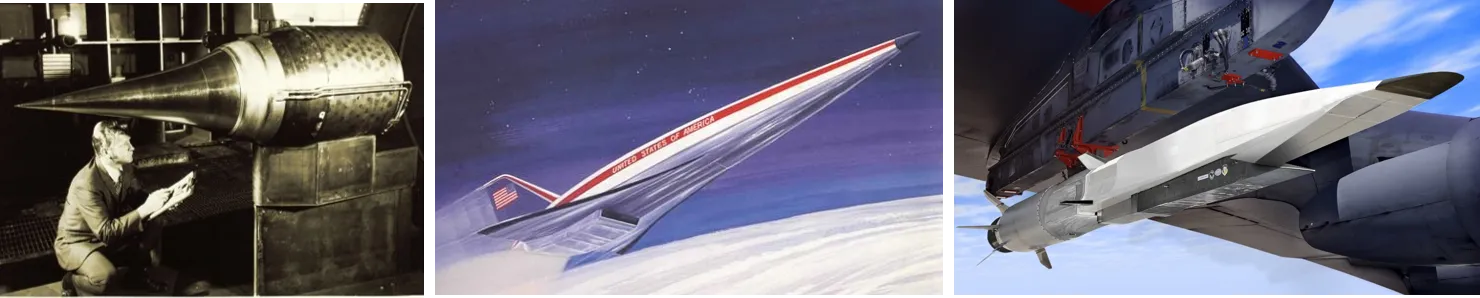 Timeline of scramjet development featuring HRE, NASP, and X-51 programs representing three generations of scramjets.