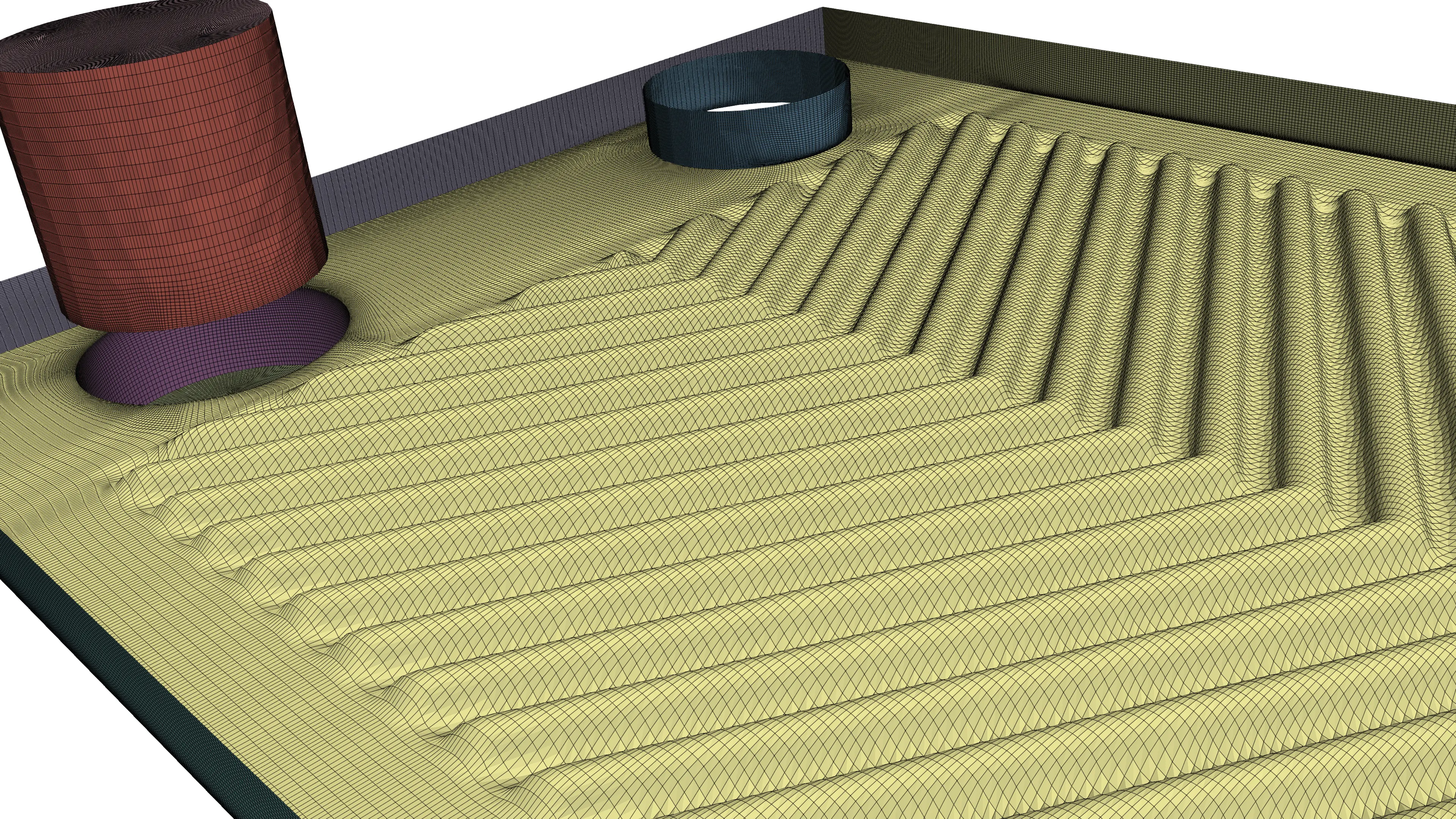 Structured mesh grid lines aligned with corrugated plate grooves, capturing crests and troughs.