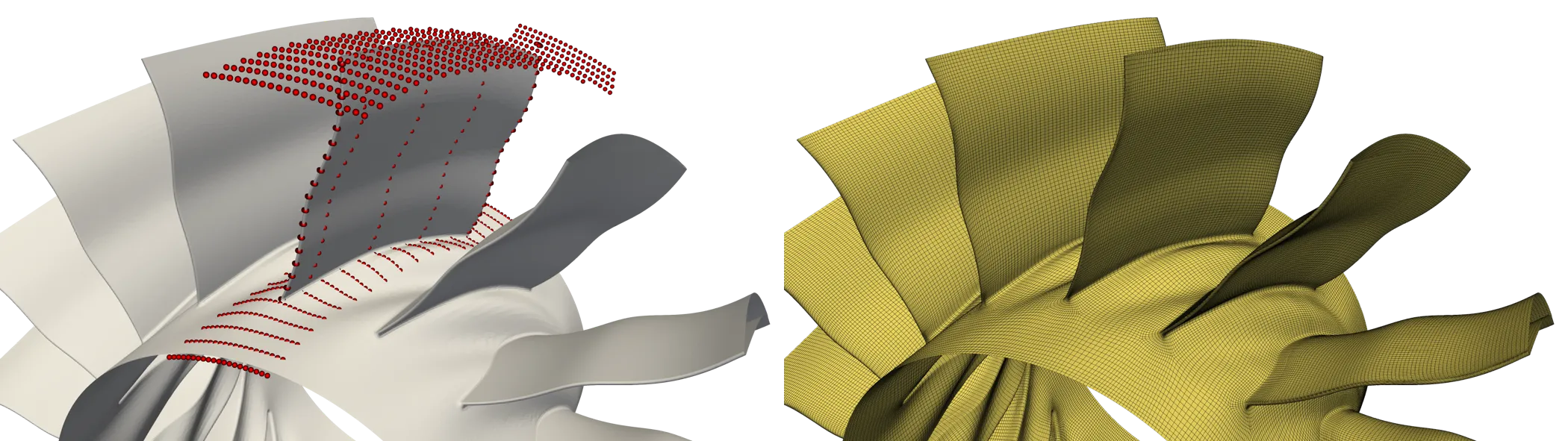 point cloud distribution for an axial turbine blade and a structured mesh generated using the point cloud based mapping procedure.