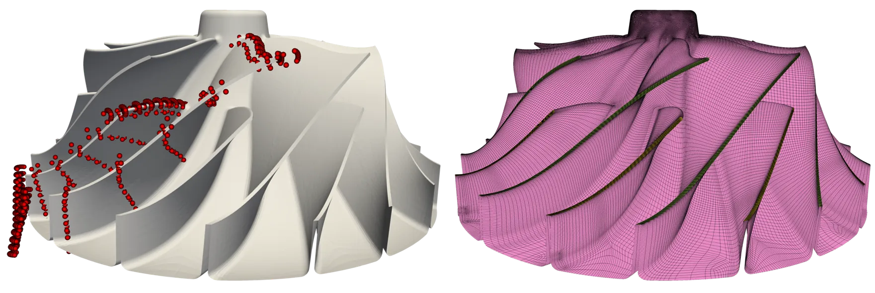 Automated hexahedral meshing for a centrifugal compressor generated using a point cloud based mapping technique.