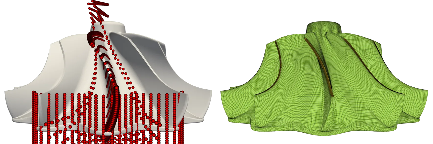 Point cloud around a radial turbine blade and the automated hexahedral mesh generated using it for a geometric variant.