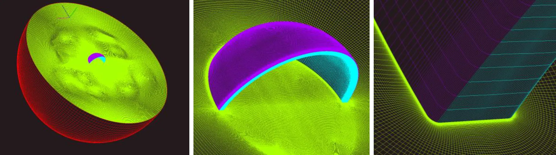 Structured multiblock meshes for representative space debris geometry of hemisphere.