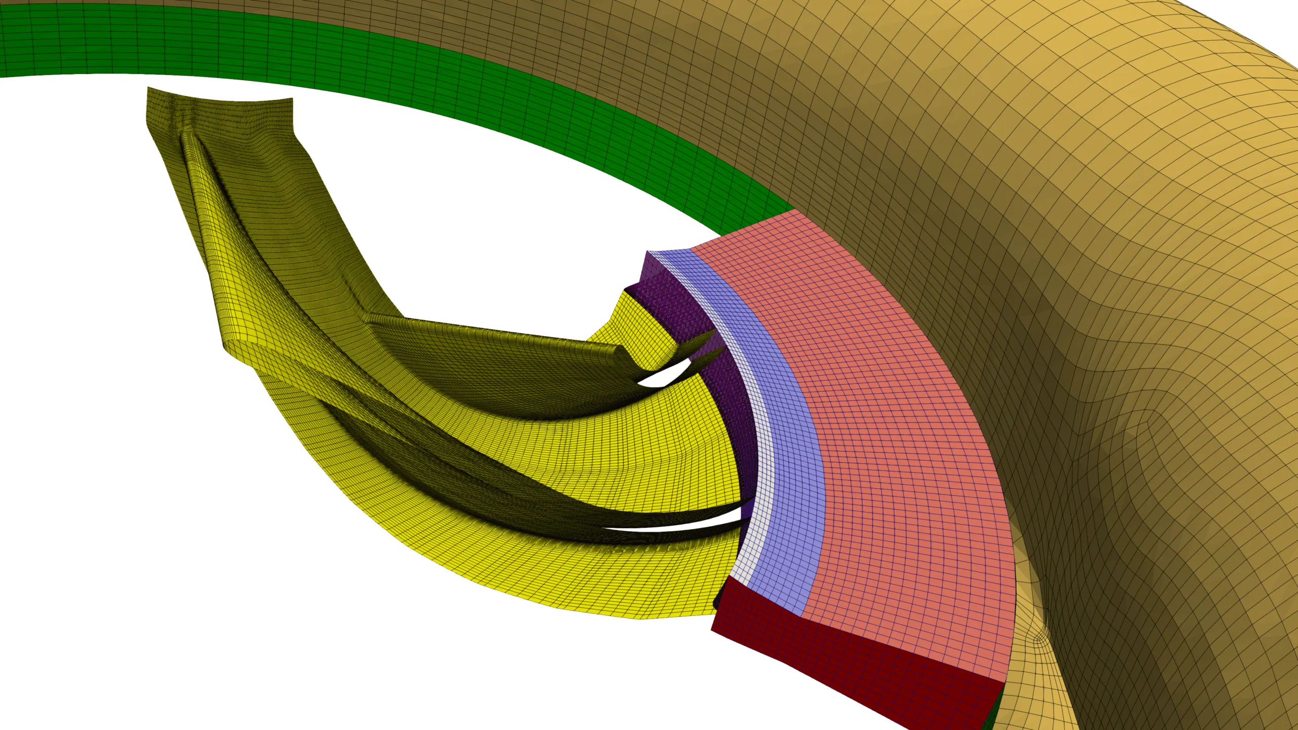 Alt text: Close-up view of a periodic section of the impeller and diffuser in a heat pump centrifugal compressor, highlighting the detailed geometry and flow passage arrangement for analysis.