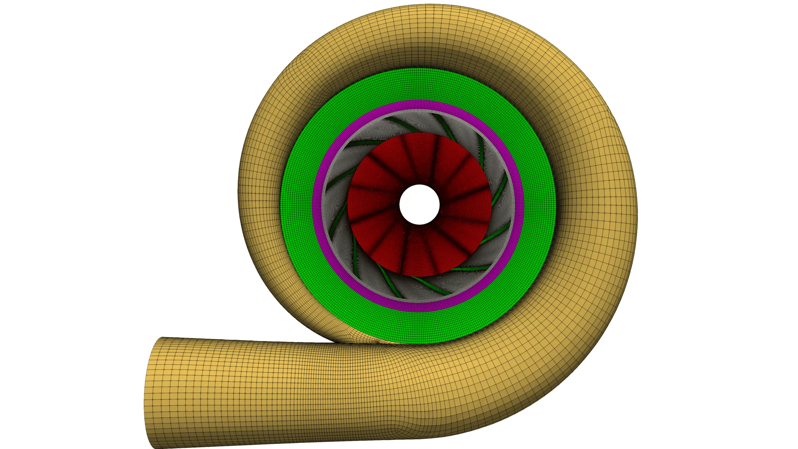 Alt text: Geometry and flow-aligned structured mesh of a centrifugal compressor, showing the detailed blade passages and mesh distribution conforming to the compressor’s curved surfaces for accurate CFD analysis.