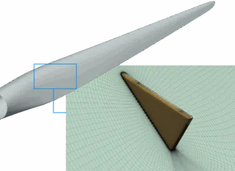 Structured hexahedral mesh surrounding vortex generators on a wind turbine blade, showing detailed block topology and refined mesh regions that capture flow separation and vortex formation accurately.