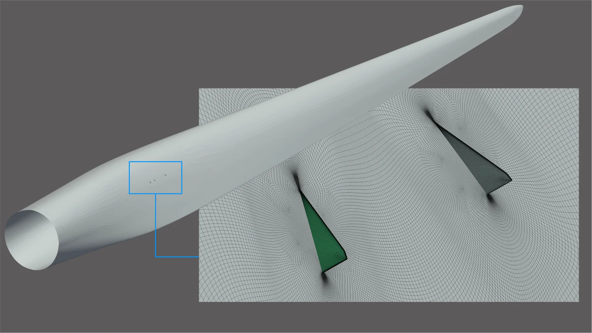 Wind turbine blade with a pair of small vortex generators, highlighting how tiny the VGs are compared to the blade surface and illustrating the geometric scale challenges involved in accurately meshing vortex generators on wind turbine blades.