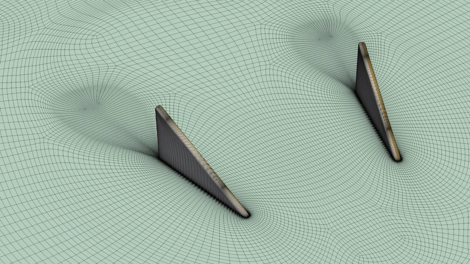 Close-up view of the hexahedral mesh around a vortex generator, showing finely resolved boundary-layer cells on the VG surfaces and a highly detailed, locally refined wake region directly behind the vortex generator.