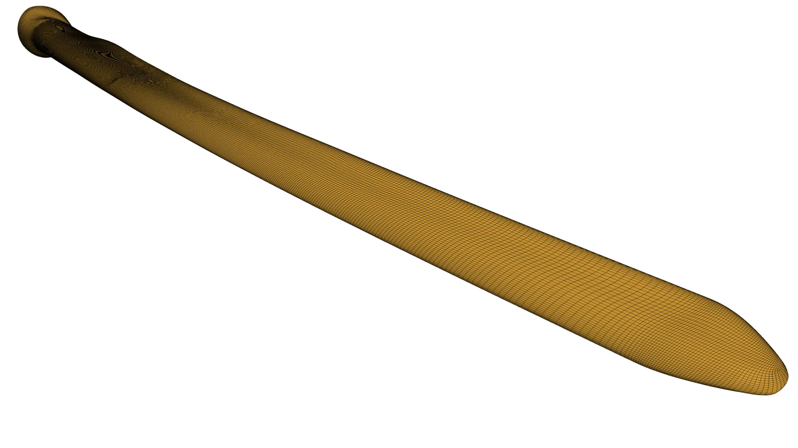 Structured multiblock surface mesh covering the full span of a single wind turbine blade, from root to tip, highlighting smooth grid transitions and refined surface topology for aerodynamic CFD analysis.