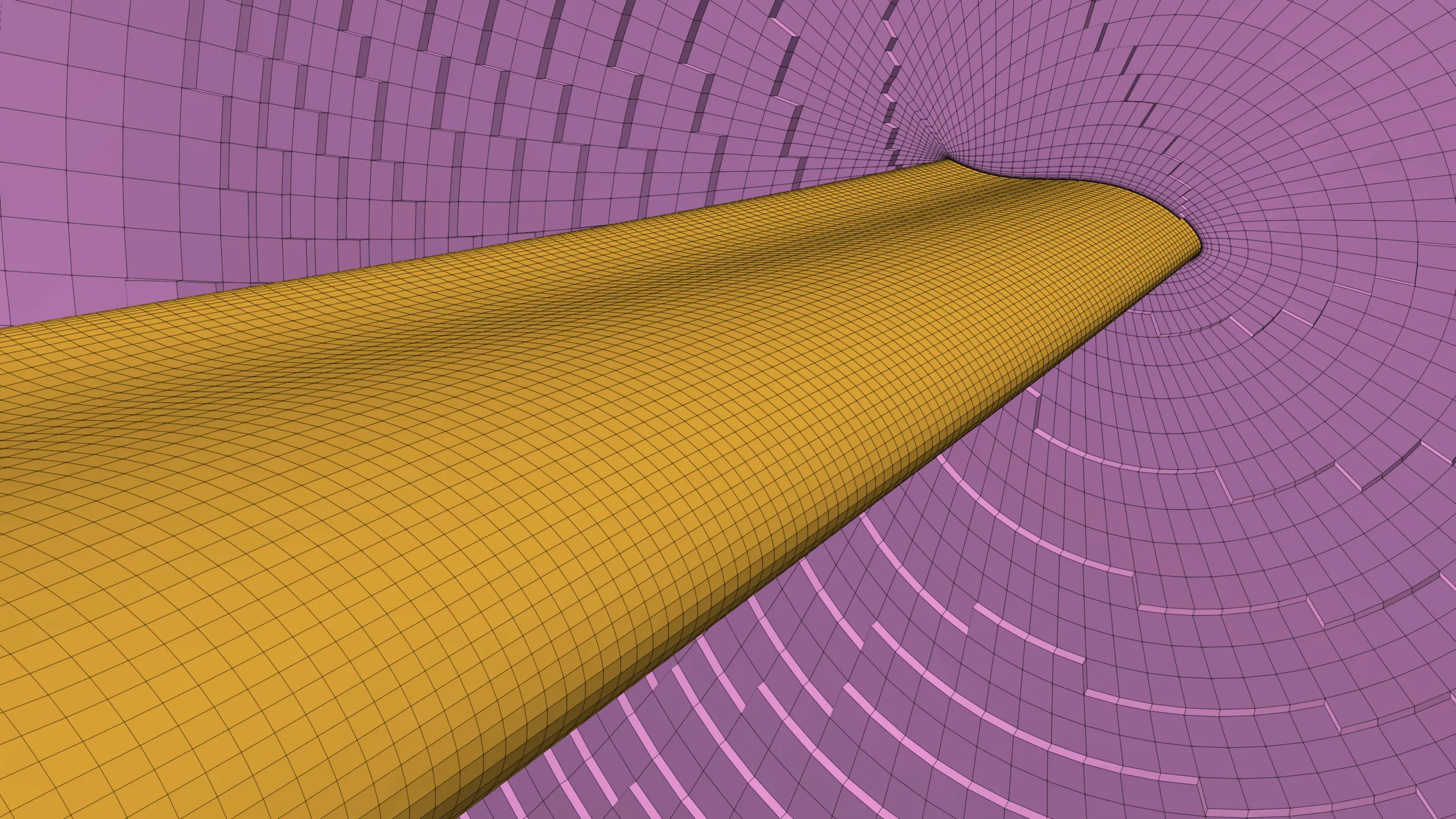 Hexahedral mesh on a wind turbine blade showing the spanwise leading-edge surface and 3D hexahedral cell structure at a selected span station for detailed aerodynamic CFD analysis.