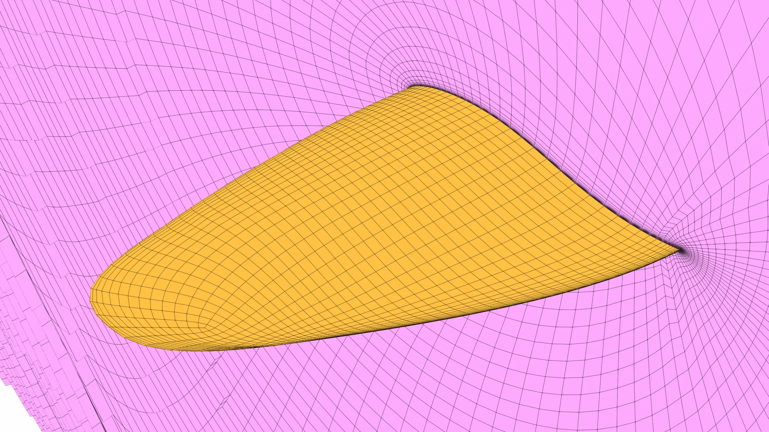 Structured mesh at the wind turbine blade tip showing a finely resolved boundary layer with grid refinement close to the surface, achieving an estimated y+ value below 1.0 for accurate CFD turbulence modeling.
